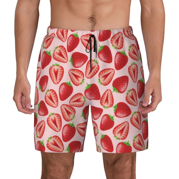 Fotbe Cute Strawberry Men’s Swim Trunks Quick Dry Swim Shorts Board Shorts with Mesh Lining-Large