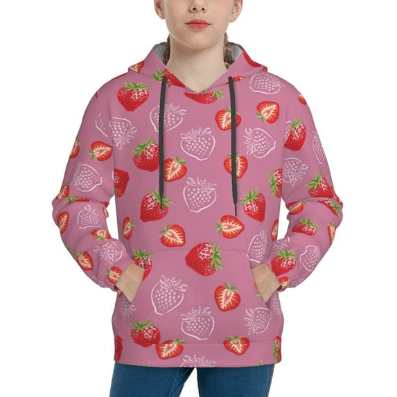 Fotbe Cute Strawberry Pattern Youth Pullover Hooded Sweatshirt, Boys Hoodie, Kangaroo Pocket Hoodie for Kids Girls -Large