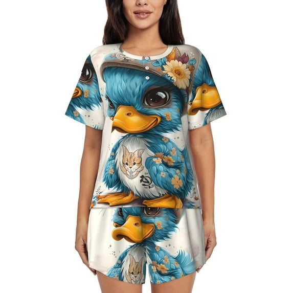 Fotbe Cute Sunflower Blue Duck Print Pajama Set for Women 2 Piece Loungewear Short Sleeve Tops and Shorts Set Soft Sleepwear-Large
