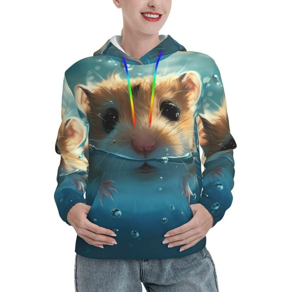 Fotbe Cute Swimming Guinea Pig Pattern Womens Long Sleeve Hoodie, Pullover Hooded Sweatshirt, Kangaroo Pocket Hoodie with Eye-catching Drawstrings-XX-Large