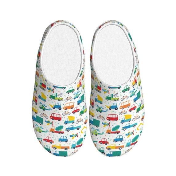 Fotbe Cute Transport Pattern Women's Fuzzy Curly Fur Memory Foam Loafer Slippers Indoor Outdoor Slippers Winter Home Shoes-44/45
