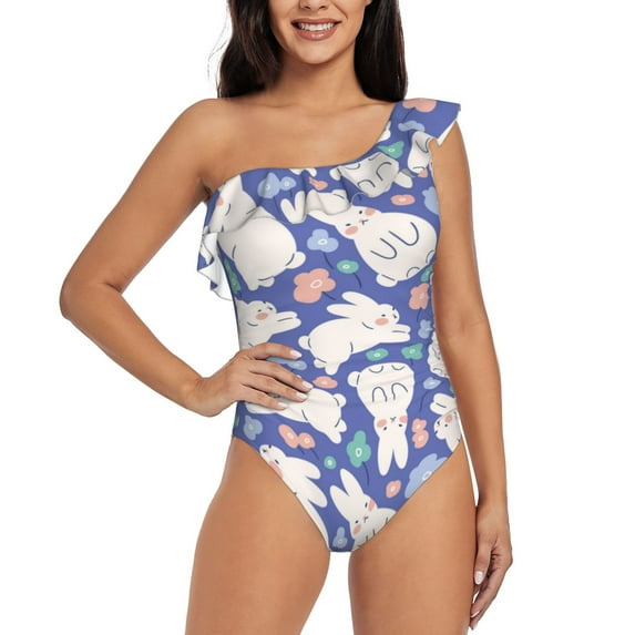 Fotbe Cute White Rabbit Women's One Piece Swimsuits One Shoulder Swimwear Ruched Tummy Control Bathing Suits Cutout Monokini-XX-Large