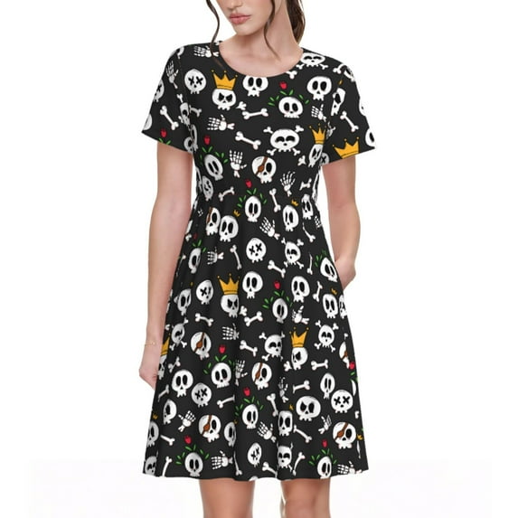 Fotbe Cute skull Pattern Dress Casual Womens Fashion Short Sleeve Maxi Dress T Shirt Dress Striped Long Color Block Maxi Dress