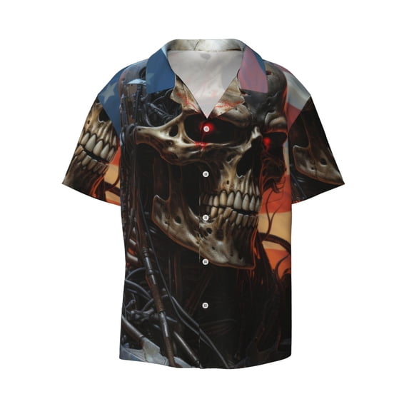 Fotbe Cyberpunk Skull American Flag print Short Sleeve Button Down Shirts for Men Casual Summer Beach Wrinkle Free Shirt-4X-Large
