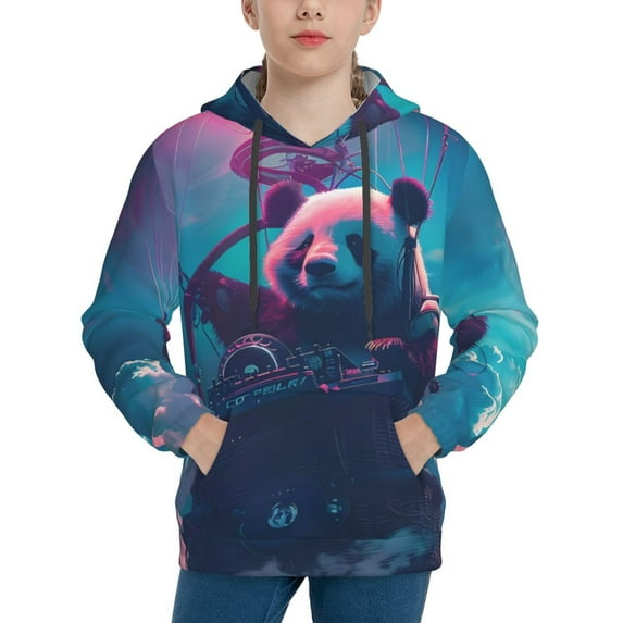 Fotbe DJ Panda Hot Air Balloon Pattern Youth Pullover Hooded Sweatshirt, Boys Hoodie, Kangaroo Pocket Hoodie for Kids Girls -Medium
