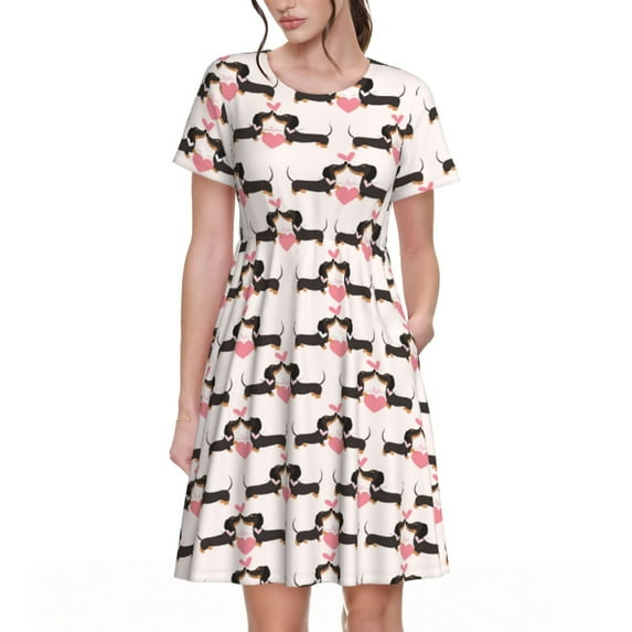 Fotbe Dachshund And Hearts Pattern Dress Casual Womens Fashion Short Sleeve Maxi Dress T Shirt Dress Striped Long Color Block Maxi Dress