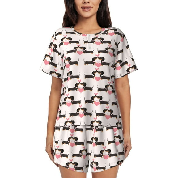 Fotbe Dachshund And Hearts Print Pajama Set for Women 2 Piece Loungewear Short Sleeve Tops and Shorts Set Soft Sleepwear-3X-Large