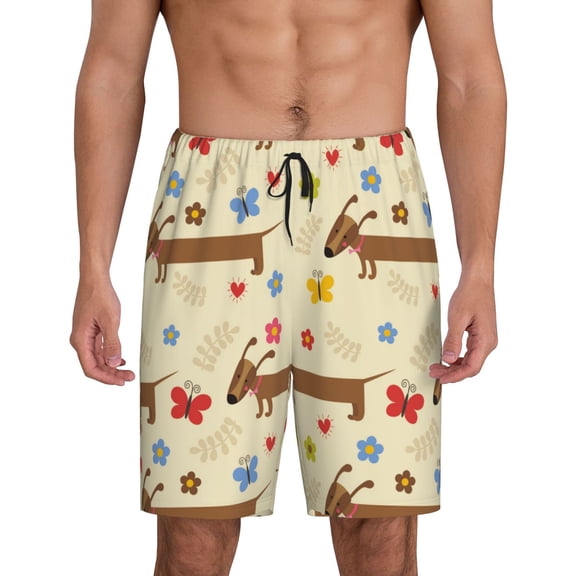 Fotbe Dachshund Dog And Flower Pajama Shorts for Men, Men's Pajama Bottoms, Sleepwear,Short Pajama Pants-Small