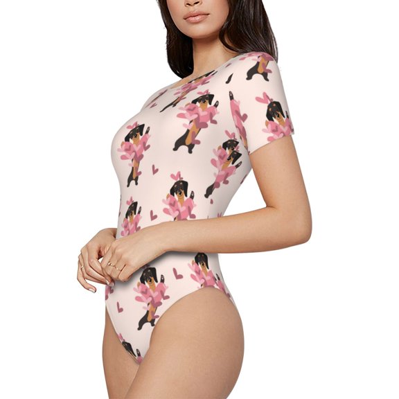 Fotbe Dachshund Dog Heart Women's Crew Neck Short Sleeves Bodysuit Tops Round Neck Slim Sleeveless Soft Comfortable Basic-Small