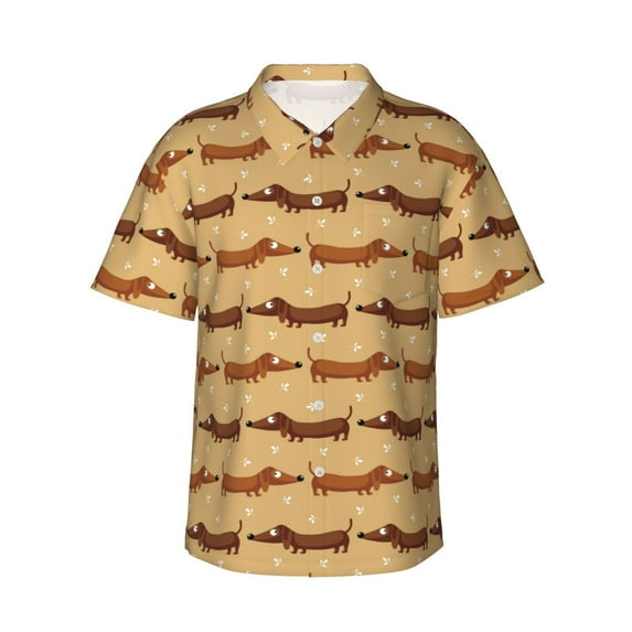 Fotbe Dachshund Dog Puppy Hawaiian Shirt for Men Unisex Summer Beach Casual Short Sleeve Cotton Linen Button Down Shirts-X-Large