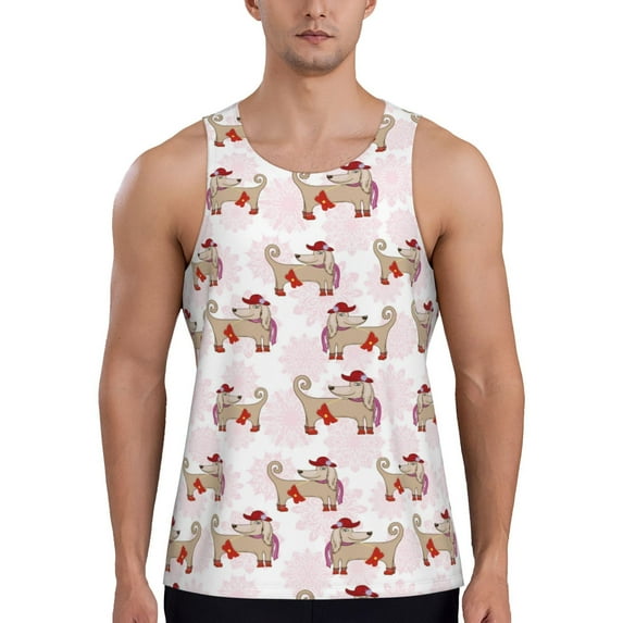 Fotbe Dachshund Dog Puppy Pattern Men's Quick Dry Workout Tank Top Gym Muscle Tee Fitness Bodybuilding Sleeveless T Shirt Breathable Workout Shirt-Large