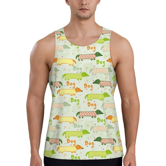 Fotbe Dachshund Dog Puppy Pattern Men's Quick Dry Workout Tank Top Gym Muscle Tee Fitness Bodybuilding Sleeveless T Shirt Breathable Workout Shirt-X-Large
