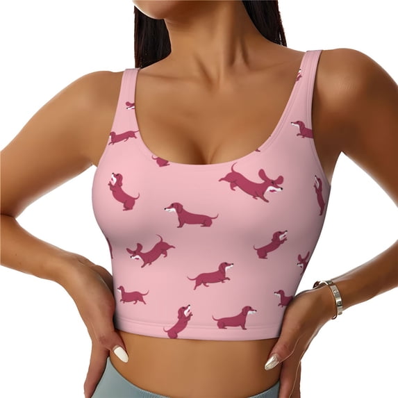 Fotbe Dachshund Dog Puppy Pattern Womens' Sports Bra Longline Wirefree Padded with Medium Support Sports Moisture-Wicking Workou Vest,Tank Top-