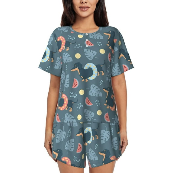 Fotbe Dachshund Dog Puppy Print Pajama Set for Women 2 Piece Loungewear Short Sleeve Tops and Shorts Set Soft Sleepwear-XX-Large