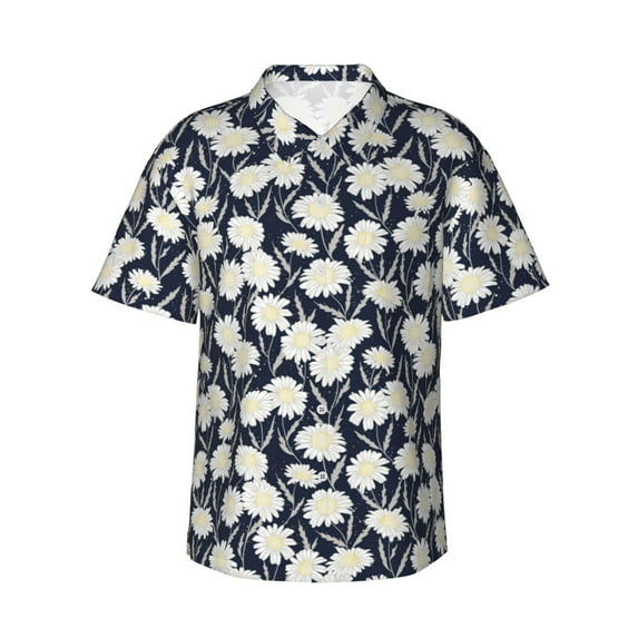 Fotbe Daisies Flowers Hawaiian Shirt for Men Unisex Summer Beach Casual Short Sleeve Cotton Linen Button Down Shirts-X-Large
