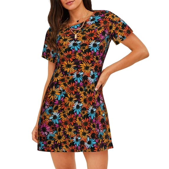 Fotbe Daisies Flowers Pattern Women's Cotton Nightgown Sleepwear Short Sleeves Shirt Casual Print Sleepdress
