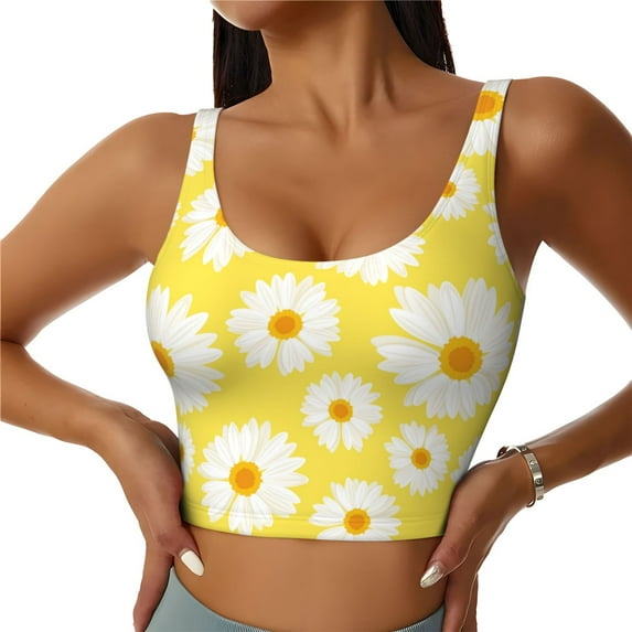 Fotbe Daisies Flowers Pattern Womens' Sports Bra Longline Wirefree Padded with Medium Support Sports Moisture-Wicking Workou Vest,Tank Top-XX-Large