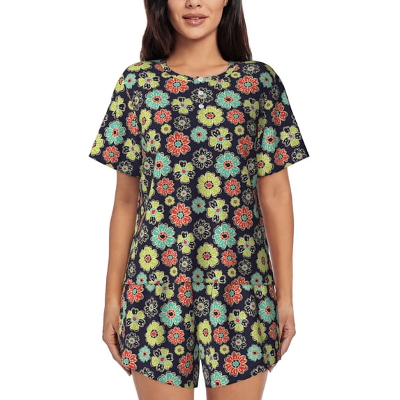 Fotbe Daisies Flowers Print Pajama Set for Women 2 Piece Loungewear Short Sleeve Tops and Shorts Set Soft Sleepwear-4X-Large