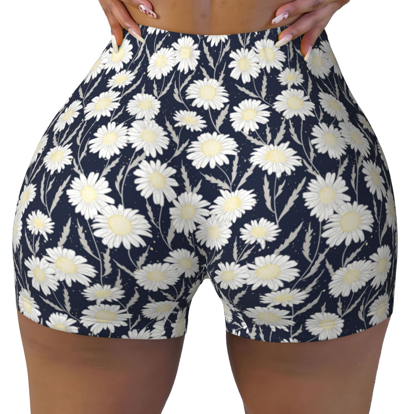 Fotbe Daisies Flowers Seamless Shorts, Womens Workout Shorts High Waist