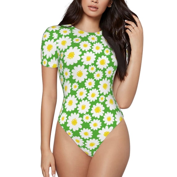 Fotbe Daisies Flowers Women's Crew Neck Short Sleeves Bodysuit Tops Round Neck Slim Sleeveless Soft Comfortable Basic-Medium