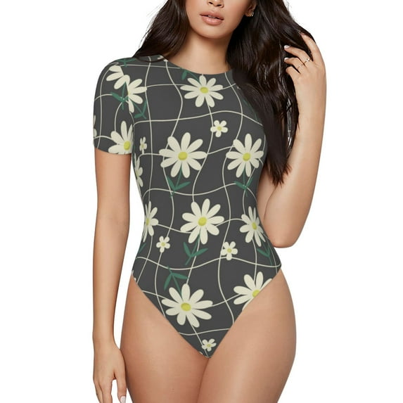 Fotbe Daisies Flowers Women's Crew Neck Short Sleeves Bodysuit Tops Round Neck Slim Sleeveless Soft Comfortable Basic-XX-Large