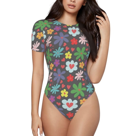 Fotbe Daisies Flowers Women's Crew Neck Short Sleeves Bodysuit Tops Round Neck Slim Sleeveless Soft Comfortable Basic-XX-Large