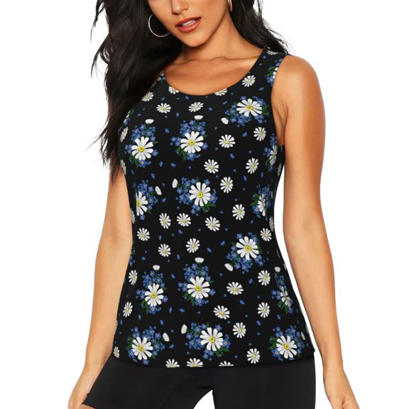 Fotbe Daisies Flowers Womens Loose Fit Casual Flowy Slim-Fit Tank Tops Athletic Round Neck Trendy Sleeveless Summer Tops for Gym and Yoga-Small