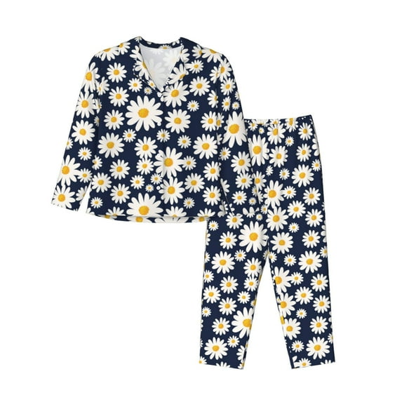 Fotbe Daisy Floral Pattern Long Sleeve Pajama Set for Women,Sleepwear Set,2-piece Loungewear Set,Soft PJs Comfy Nightwear with Pockets -
