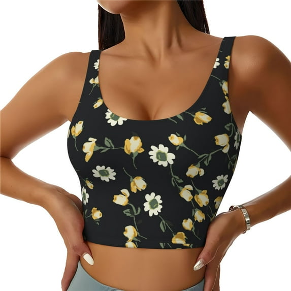 Fotbe Daisy Pattern Womens' Sports Bra Longline Wirefree Padded with Medium Support Sports Moisture-Wicking Workou Vest,Tank Top-Small