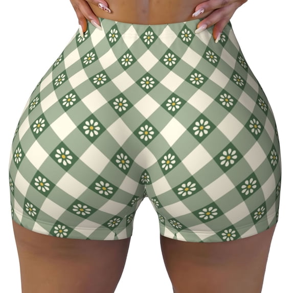 Fotbe Daisy Plaid Green Seamless Shorts, Womens Workout Shorts High Waist Stretch Booty Short for Gym/Yoga/Running/Biking-X-Large