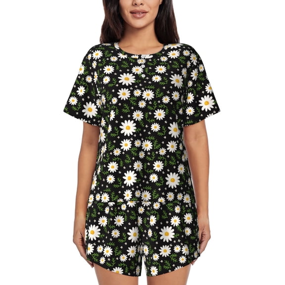 Fotbe Daisy Print Pajama Set for Women 2 Piece Loungewear Short Sleeve Tops and Shorts Set Soft Sleepwear-X-Large