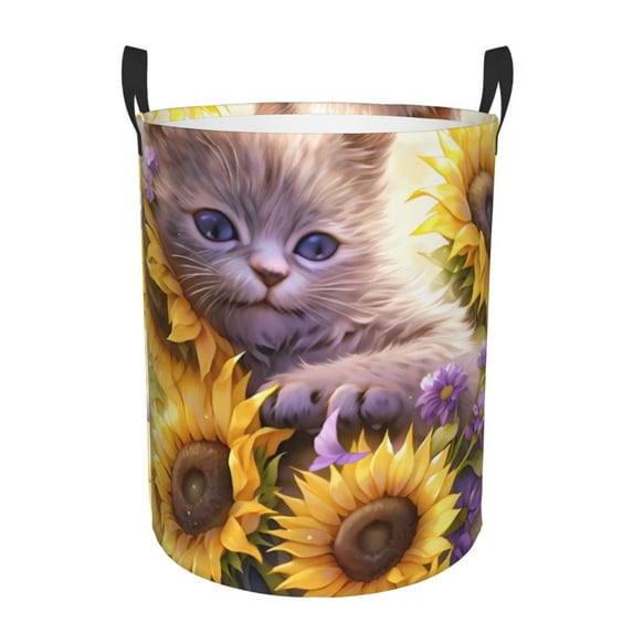 Fotbe Daisy Sunflower Lazy Cat Laundry Basket with Handles, Waterproof Large Laundry Hamper, Wash Bag for Corner Dorm, Rolling Laundry Basket with Handles-Small