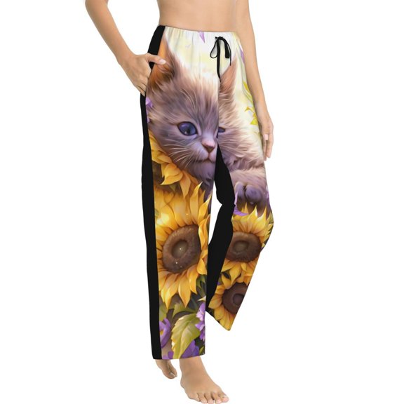 Fotbe Daisy Sunflower Lazy Cat Women's Pajama Pants,Sleepwear Pants,Pj Bottoms Drawstring And Pockets-X-Large