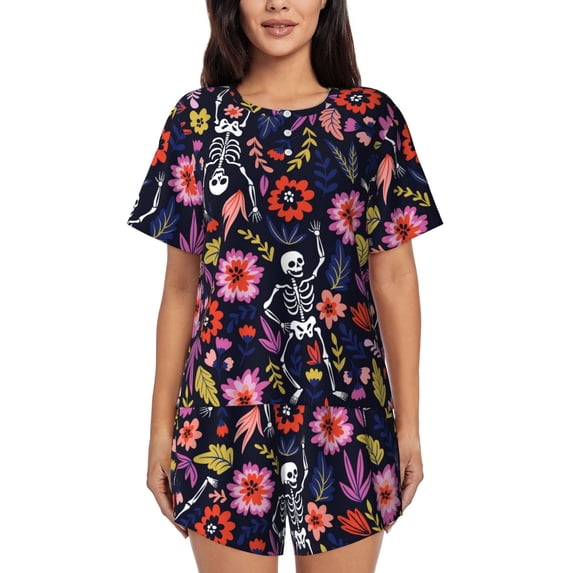 Fotbe Dancing Skeletons Floral Garden Print Pajama Set for Women 2 Piece Loungewear Short Sleeve Tops and Shorts Set Soft Sleepwear-Large