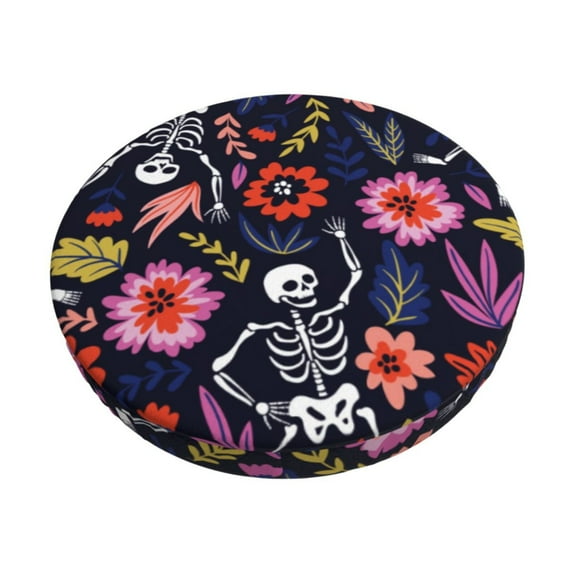 Fotbe Dancing Skeletons Floral Garden Stool Covers Round,Waterproof Round Bar Stool Covers Bar Chair Covers Washable Stool Cushion Slipcover for 12-14 Inch Chair-12 inch
