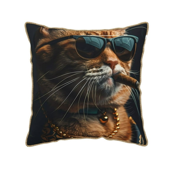 Fotbe Dapper Cat in Sunglasses Pattern Velvet Decorative Throw Pillow Covers with Elegant Piping, Soft Plush Cushion Cover for Sofa, Bed, Car, Office-18"x18"