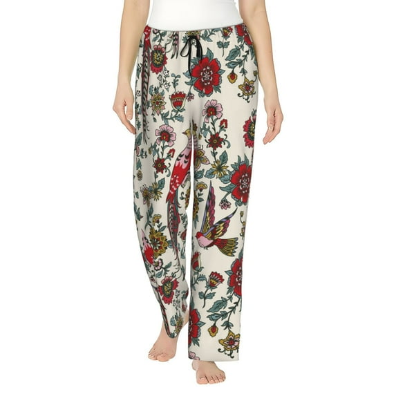 Fotbe Dark Enchanted Flowers And Birds Women's Pajama Pants,Sleepwear Pants,Pj Bottoms Drawstring And Pockets-Large