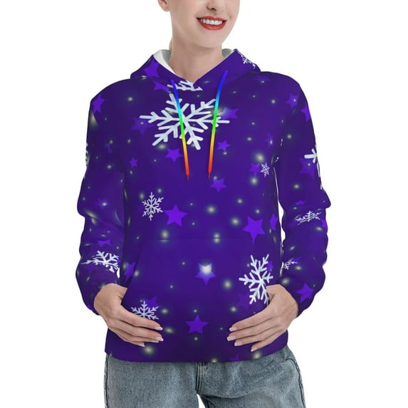 Fotbe Dark Purple Snowflakes Pattern Womens Long Sleeve Hoodie, Pullover Hooded Sweatshirt, Kangaroo Pocket Hoodie with Eye-catching Drawstrings-Medium