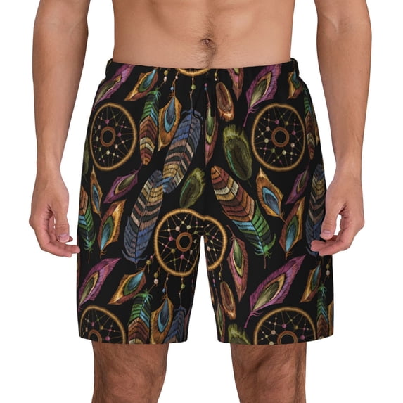 Fotbe Decorative Feathers Men’s Swim Trunks Quick Dry Swim Shorts Board Shorts with Mesh Lining-XX-Large
