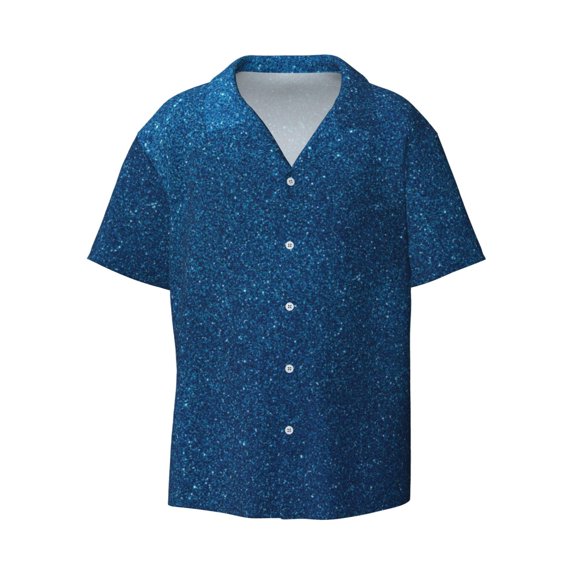 Fotbe Deep Blue Glitter print Short Sleeve Button Down Shirts for Men Casual Summer Beach Wrinkle Free Shirt-Medium