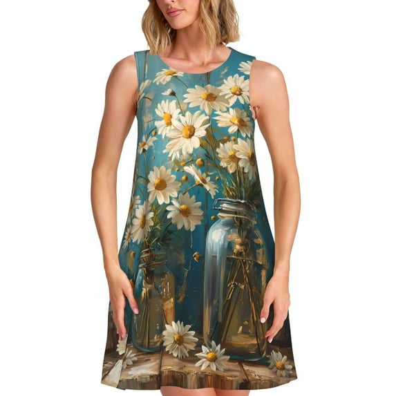 Fotbe Delicate White Daisy Jars Pattern Women’s Summer Tank Midi Dress – Sleeveless A-Line Dress, Floral T-Shirt Dress, Casual Flowing Beach Sundress