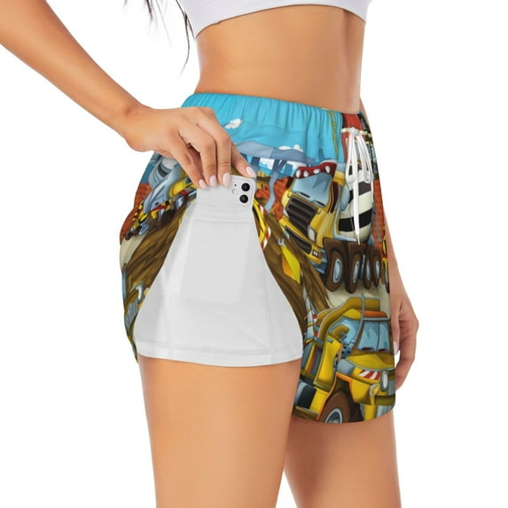 Fotbe Different Construction Site Vehicles Womens High Waist Running Shorts Athletic Workout Quick Dry Shorts for Women with Pockets Gym Yoga Summer Shorts-XX-Large