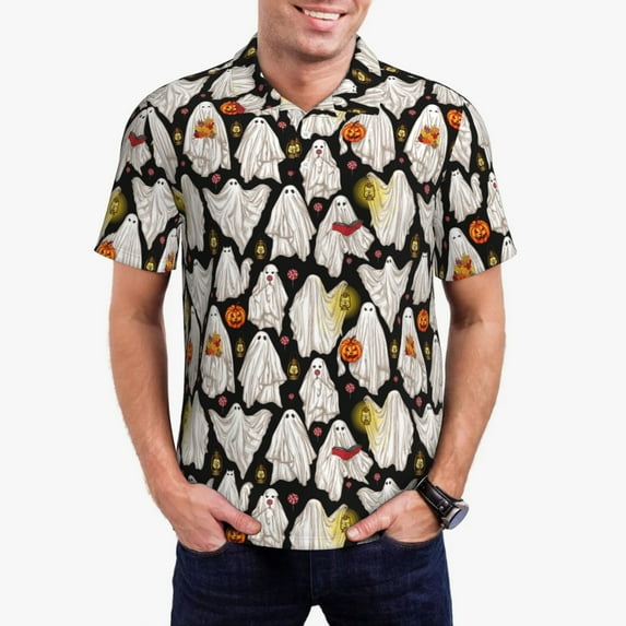Fotbe Different Ghosts Pattern Men’s Golf Polo Shirt – Breathable Performance Golf Shirt with Button-Down Collar-Large