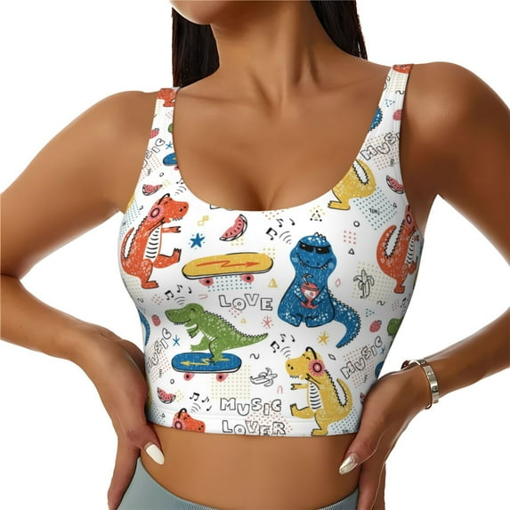 Fotbe Dinosaur (2) Pattern Womens' Sports Bra Longline Wirefree Padded with Medium Support Sports Moisture-Wicking Workou Vest,Tank Top-Small