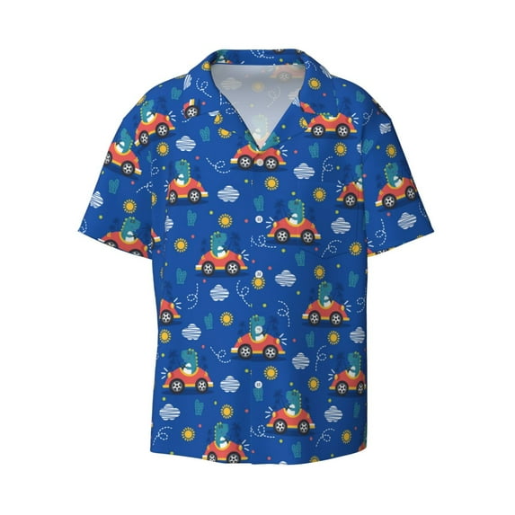 Fotbe Dinosaur Driving print Short Sleeve Button Down Shirts for Men Casual Summer Beach Wrinkle Free Shirt-Medium