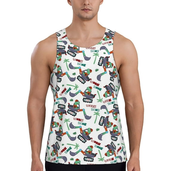 Fotbe Dinosaur on Excavator2 Pattern Men's Quick Dry Workout Tank Top Gym Muscle Tee Fitness Bodybuilding Sleeveless T Shirt Breathable Workout Shirt-