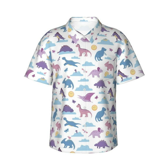 Fotbe Dinosaur Hawaiian Shirt for Men Unisex Summer Beach Casual Short Sleeve Cotton Linen Button Down Shirts-Small