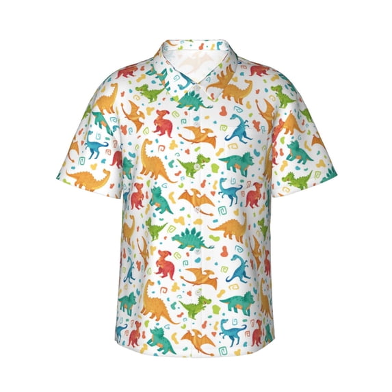Fotbe Dinosaur Hawaiian Shirt for Men Unisex Summer Beach Casual Short Sleeve Cotton Linen Button Down Shirts-XX-Large