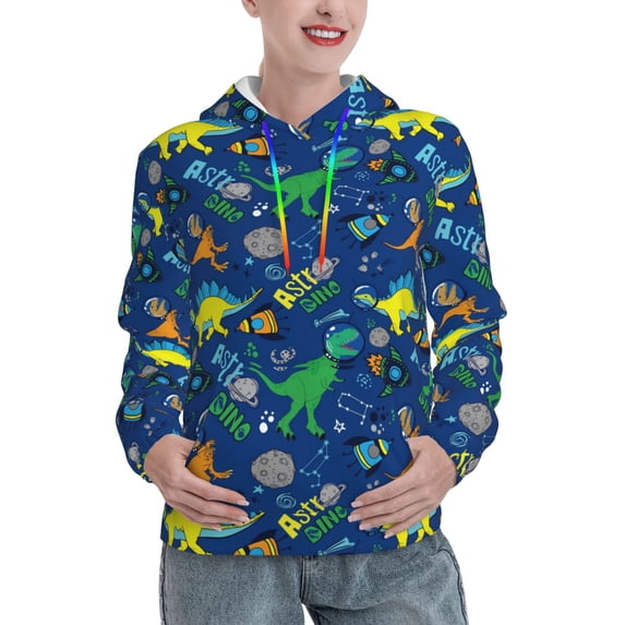 Fotbe Dinosaur In Space Pattern Womens Long Sleeve Hoodie, Pullover Hooded Sweatshirt, Kangaroo Pocket Hoodie with Eye-catching Drawstrings-XX-Large