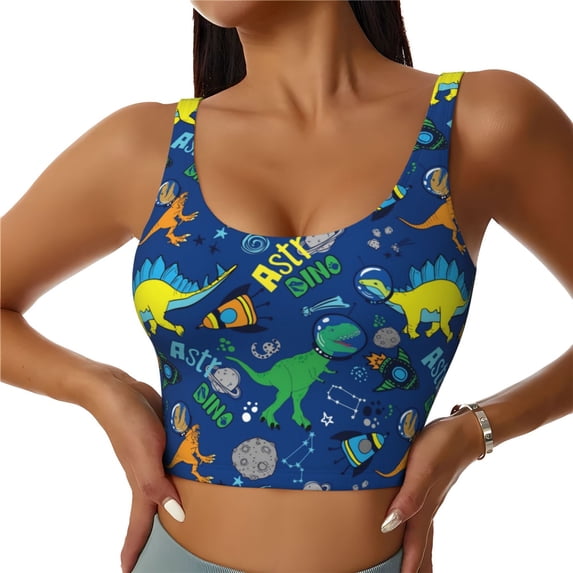 Fotbe Dinosaur In Space Pattern Womens' Sports Bra Longline Wirefree Padded with Medium Support Sports Moisture-Wicking Workou Vest,Tank Top-XX-Large
